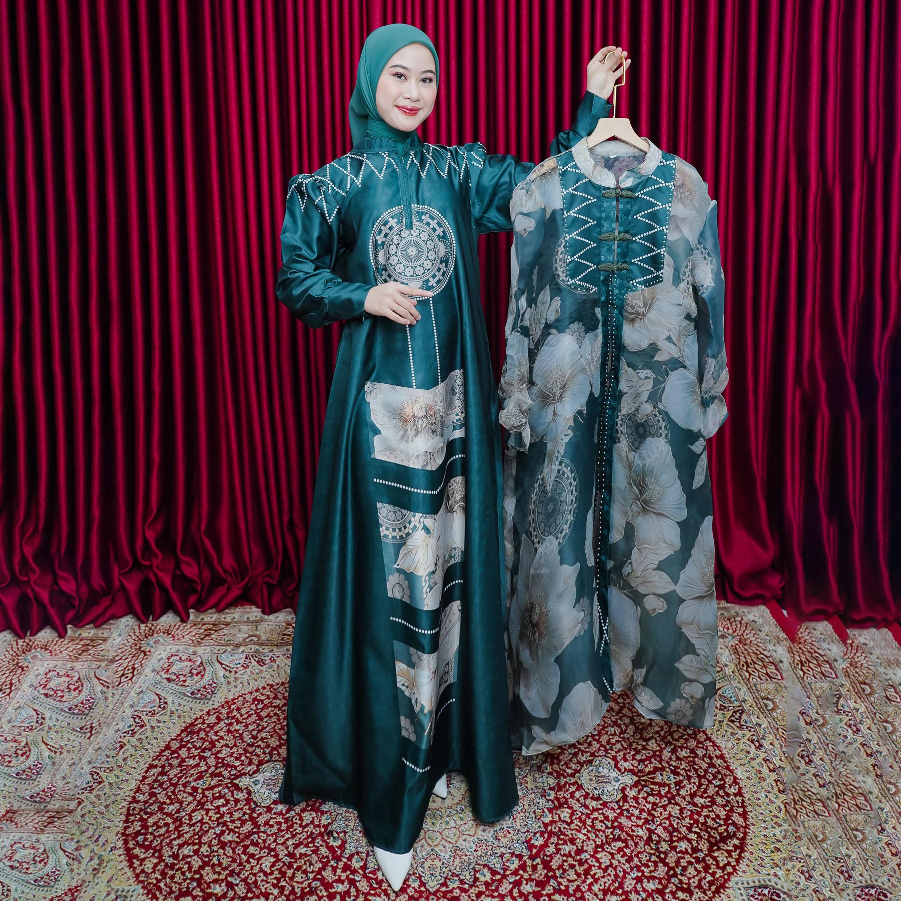 Dazfa Gamis Mahira Satin Outer Organza Terpisah Payet Kancing Lepas Detail